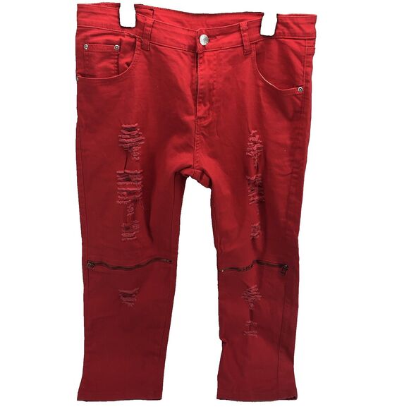 Balmain Paris jeans women’s red 35 x 26 Capri distressed zippers - Picture 1 of 5
